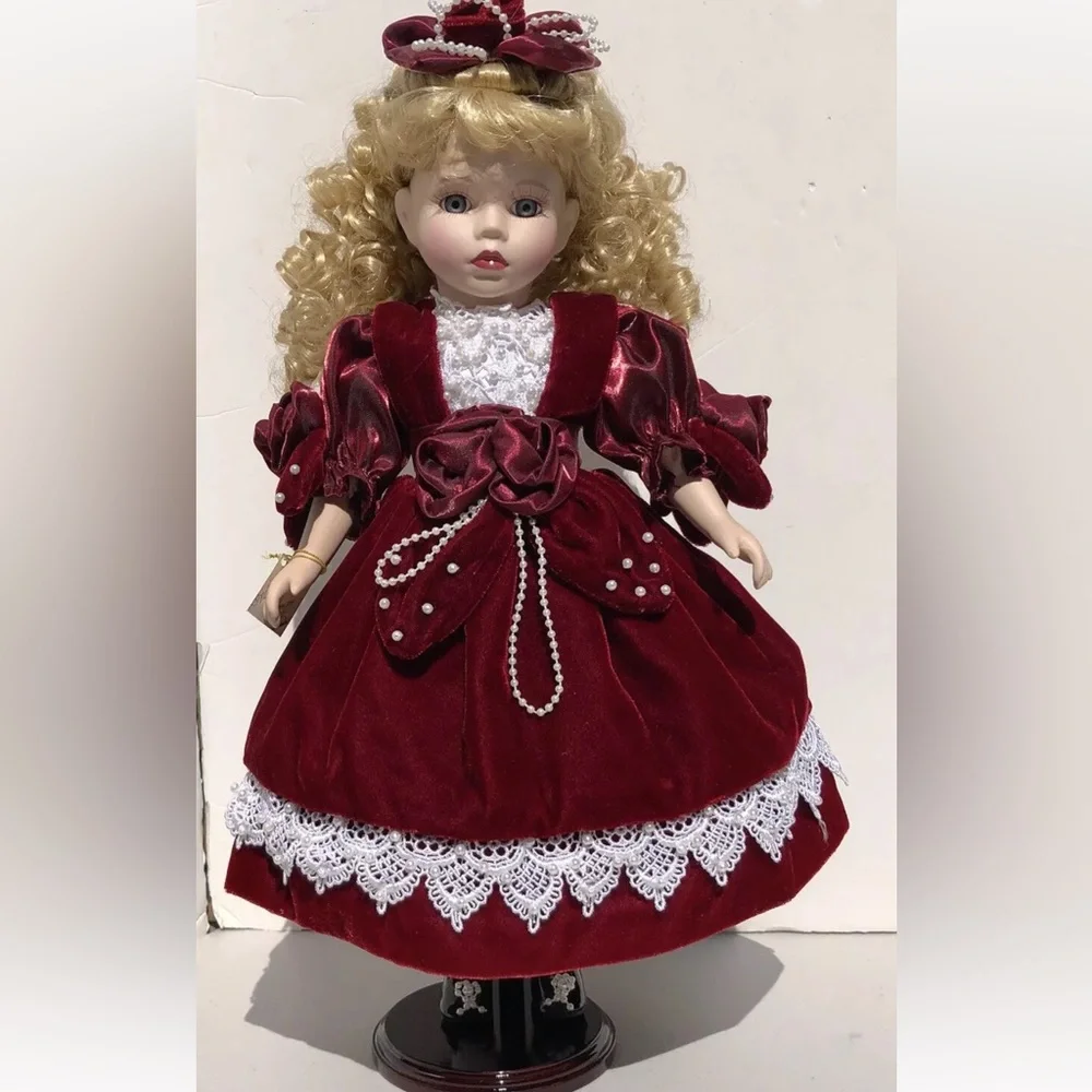 Porcelain Dolls Collectible by Melissa Jane Wooden Stand in Red Dress Blue Eyes - Picture 6 of 9